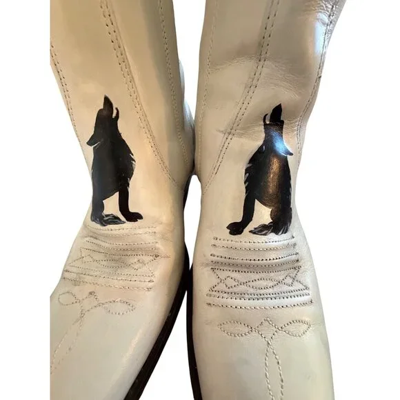 Sears Vintage Mens Hand Painted Coyote Boots Size 8 D Cream Leather Western OOAK - Picture 4 of 16